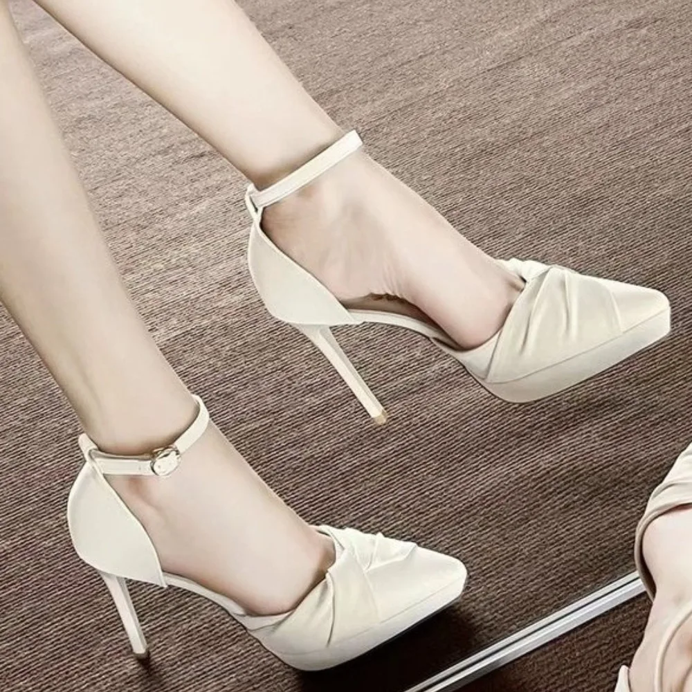 2026 New Pleated One-Word Buckle Strap Baotou Sandals Women's Platform Non-Tired Feet Hollow High Heels