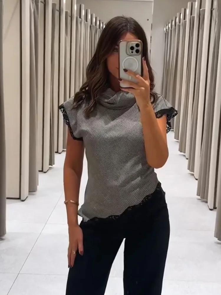 

HH женский новый модный кружевной лоскутный топ без рукавов с воротником-стойкой и узором «гусиные лапки», женский темпераментный топ без рукавов с асимметричным подолом