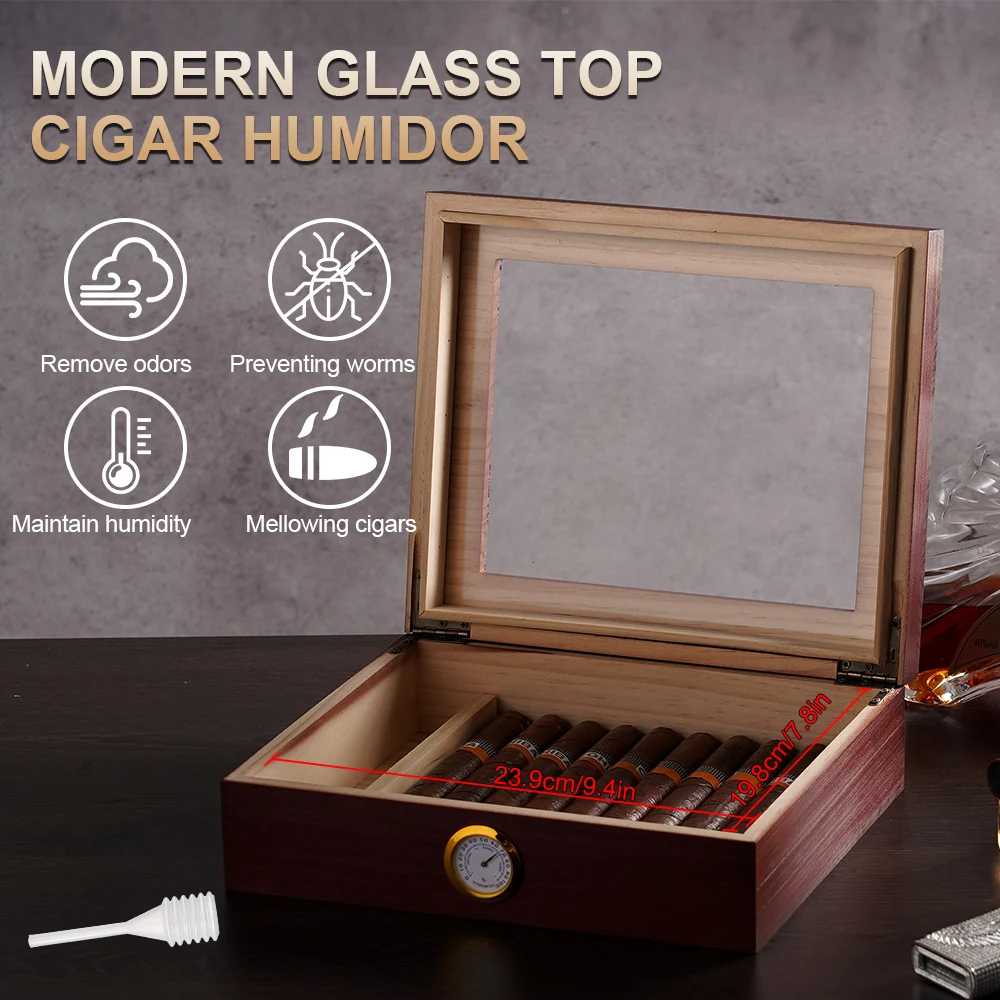 Cigar Humidor Wood Humidor with Accurate Digital Hygrometer Humidifier Divider Holds 20-25 Cigars Gift for Cigar Lovers Men Gift