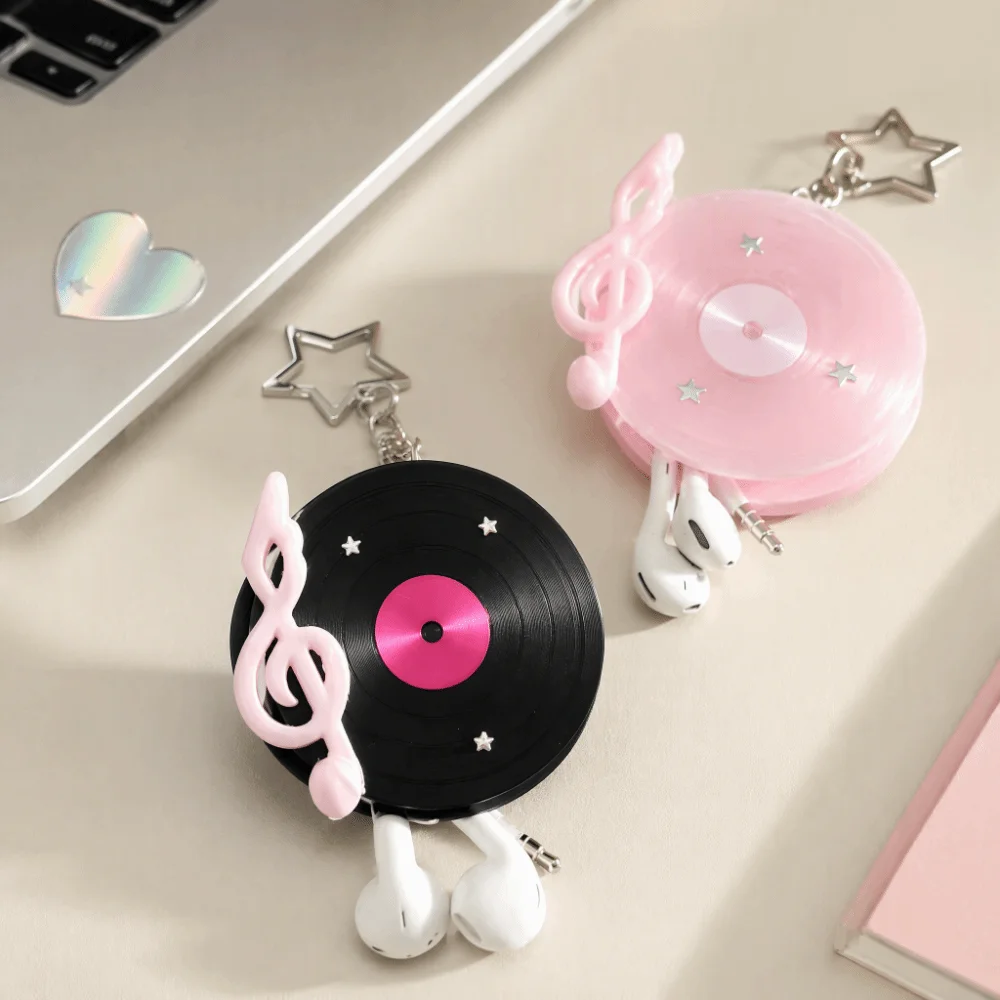 Y2K Vinyl Record Keychain Korean Japan Style Star Disc Shape Earphone Cable Winder Cord Management Anti Winding