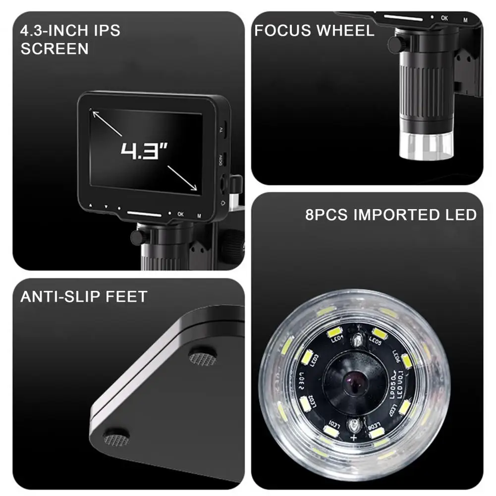 Цифровой микроскоп 4,3 дюйма, микроскоп с монетами 500/1000X FHD 1080P, видеомикроскоп для взрослой пайки с 8 светодиодами, Прямая поставка