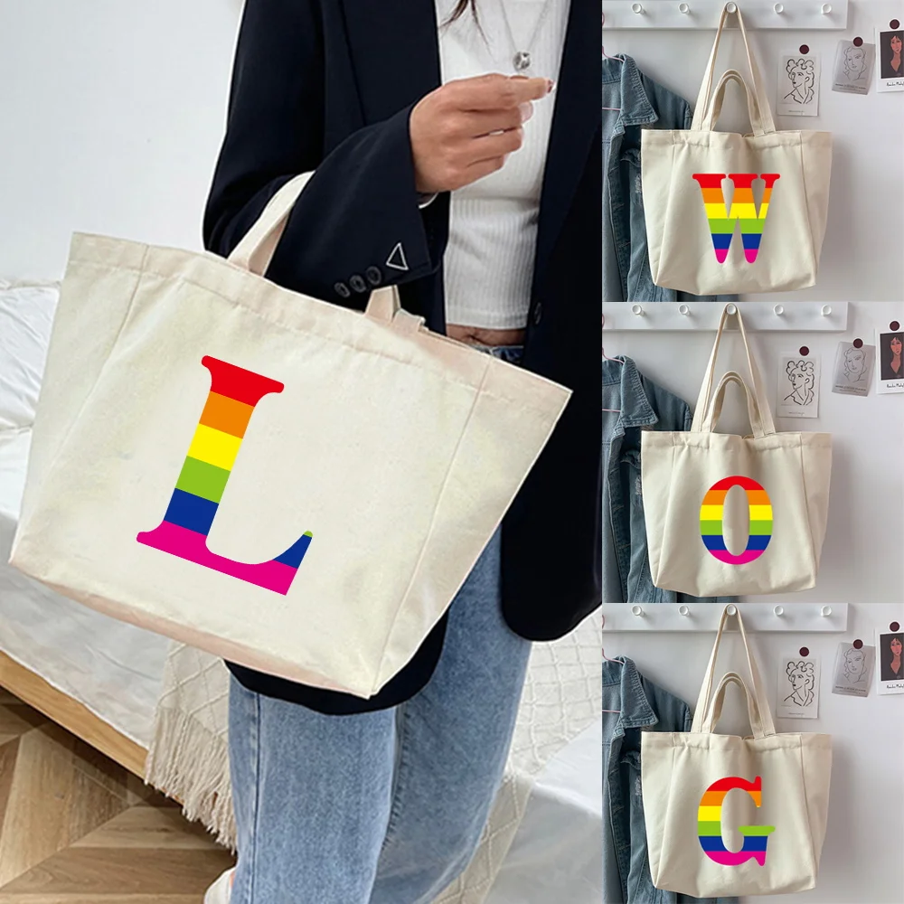 Canvas Shoulder Bag Rainbow 26 Letter Name Personalise Painting Student Shopper Books Handbag Large Tote for Women Shopping