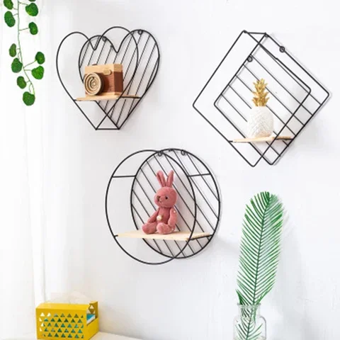 

Nordic Style Iron rhombic round heart shaped Grid Wall Shelf Hanging decorative rack storage holder Figure Living Room decor 1PC