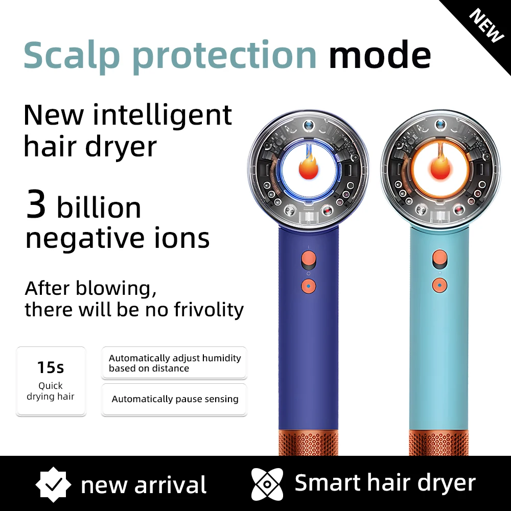 Leafless hairdryer with negative ion hair care, high power for quick drying, home use with constant temperature control.