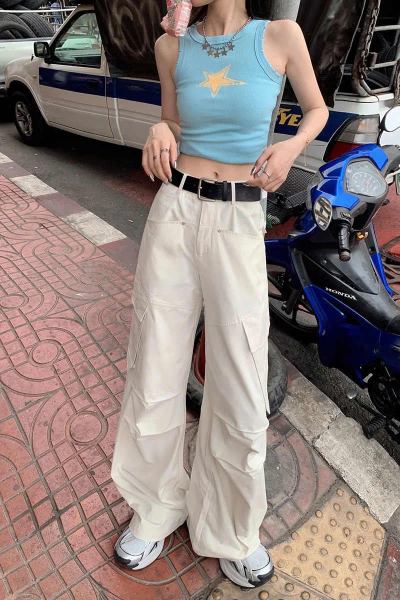 ZMAYC-Pantalon Cargo Y2K pour Femme, Vintage, Solide, Baggy, Droit, FjFéminin, Streetwear, Décontracté, Jambes Larges, Taille Haute