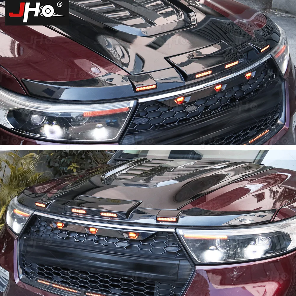 JHO Front Bug Shield Hood Deflector w/ LED Light Strip Guard Bonnet Protector For Ford Explorer 2020-2022 Exterior Accessories