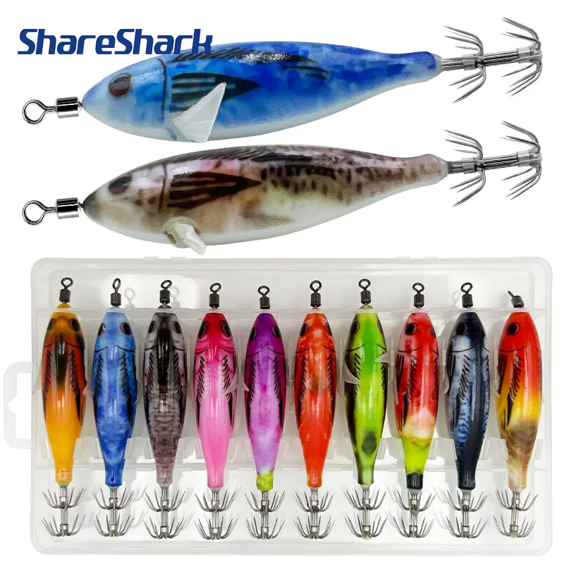 ShareShark 10pcs/box 5.6g Glow-in-the-dark Horizontal Shrimp Squid Hook Bait Set Suitable for Seafishing Cuttlefish Octopus