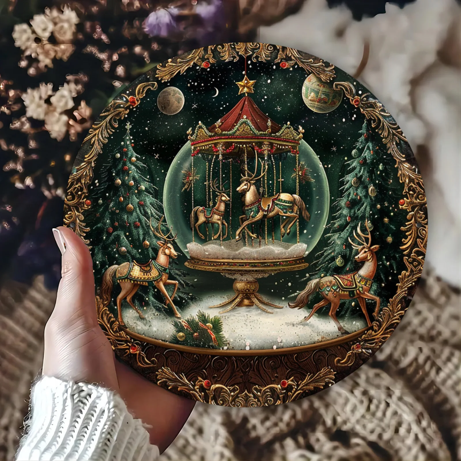 Rustic Christmas Merry-Go-Round in Snow, Vintage Wall Art, Indoor/Outdoor Decor, Tin Sign for Home, Restaurant, Cafe, Garage