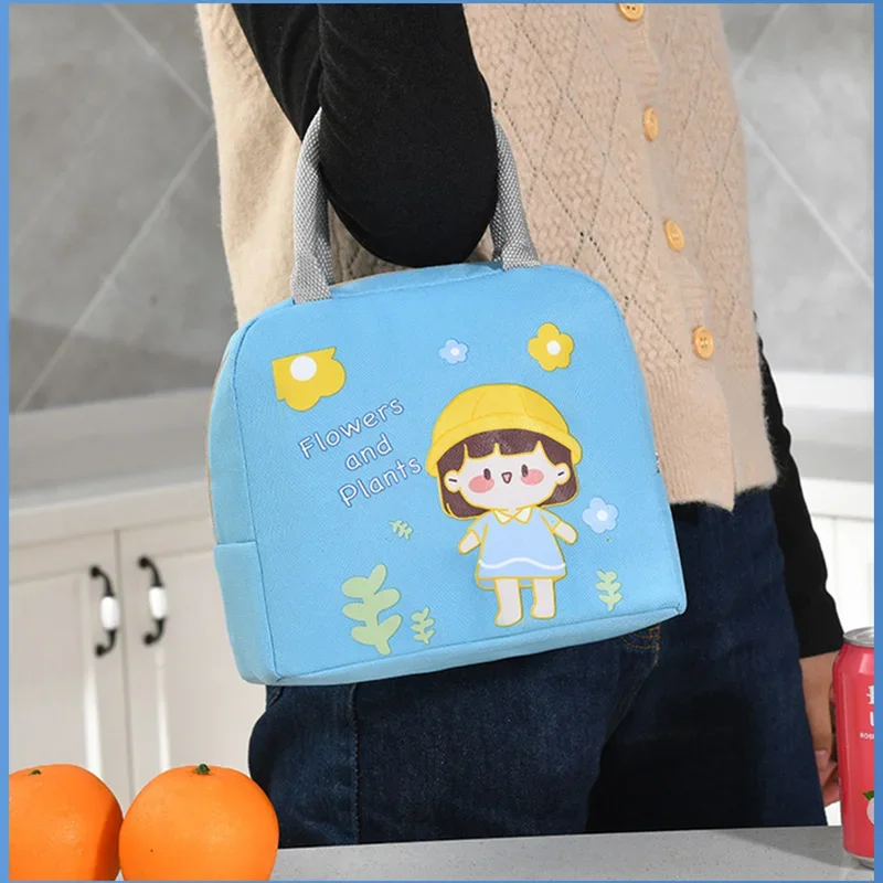 再利用可能な断熱弁当バッグ 刺繍入りポータブルコーデュロイランチバッグ 子供用 学校/旅行/出張に最適