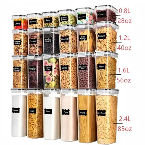 Lidded airtight food storage containers, 24-piece set with labeled plastic kitchen and pantry organizing jars, suitable for grains, dry foods, flour, and sugar, BPA-free, various sizes