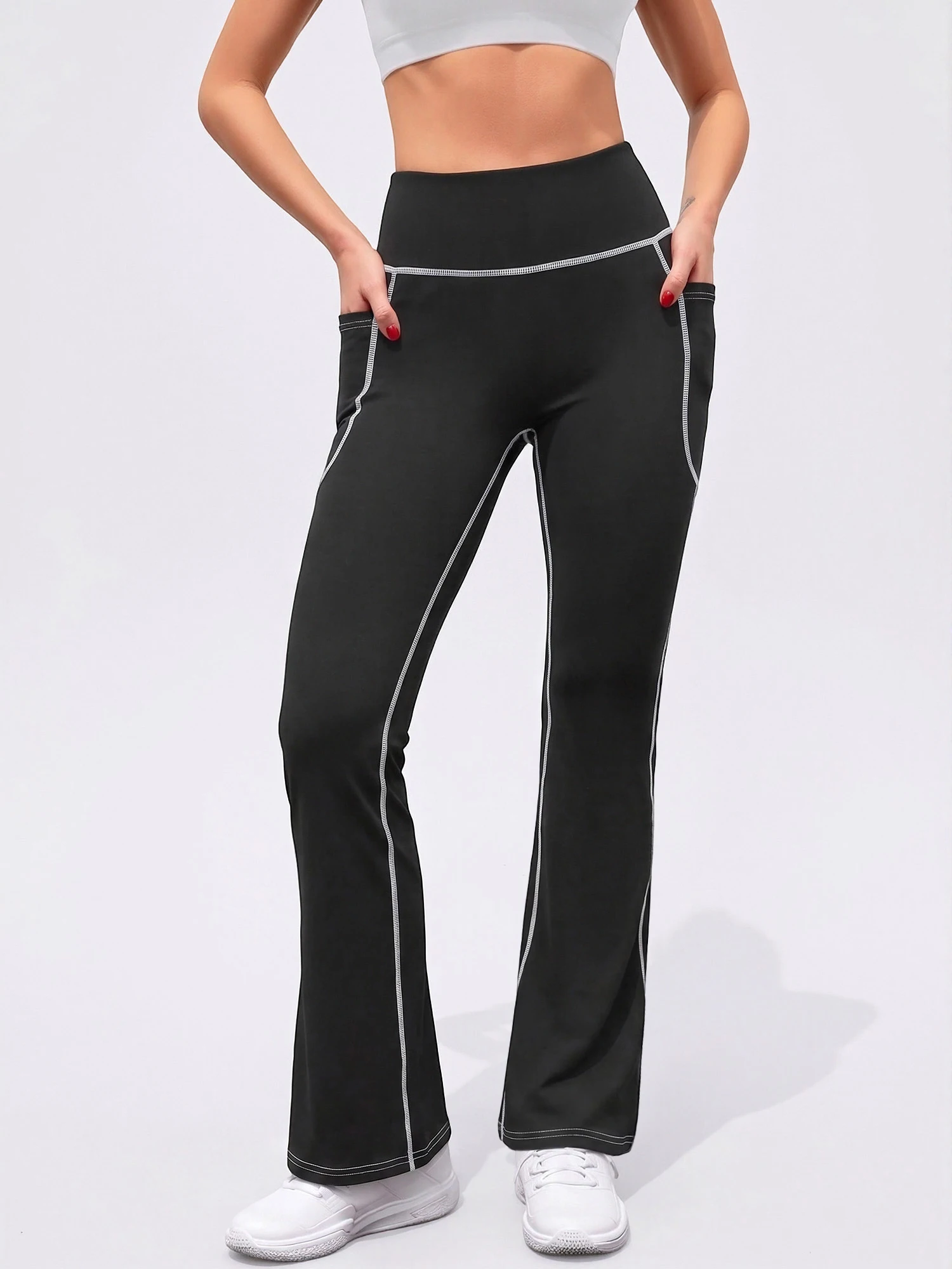 Ladies Tummy Shaping Flare Bootcut Trousers Contrast White Outline Stitch High Rise Stretch Pocket Long Pants