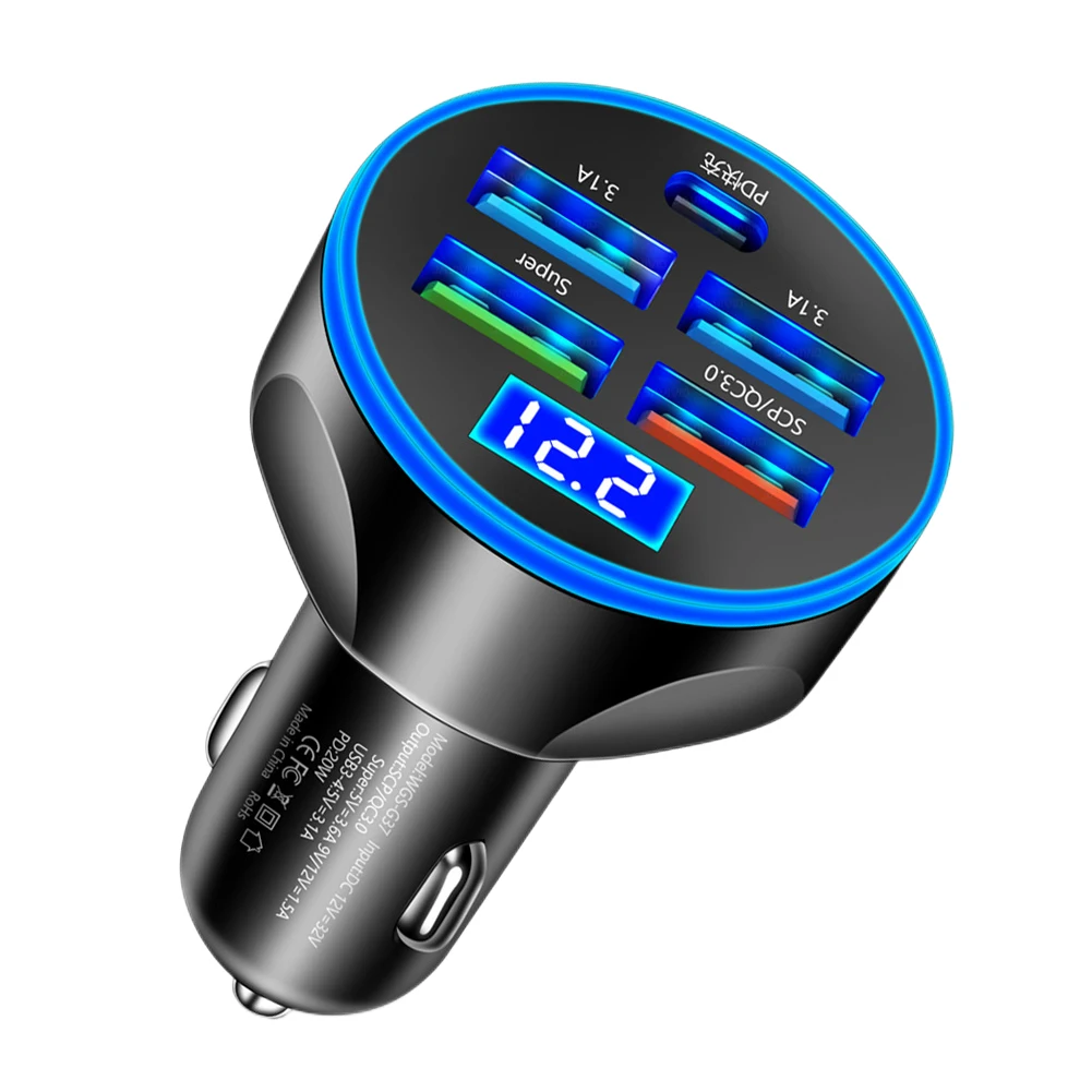 250W 5 Port Car Charger Super Fast Charging PD QC3.0 USB C Car Phone Charger Type C Adapter In Car For IPhone Huawei Realme OPPO