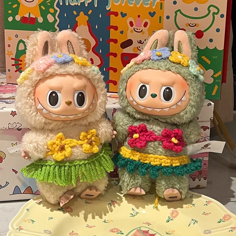 Labubu الملابس 15/17 سنتيمتر V1 V2 V3 دمية صغيرة أفخم دمية هاواي نمط بيكيني العشب تنورة رباط شعر 3 قطعة/الحزمة ملابس السباحة اكسسوارات