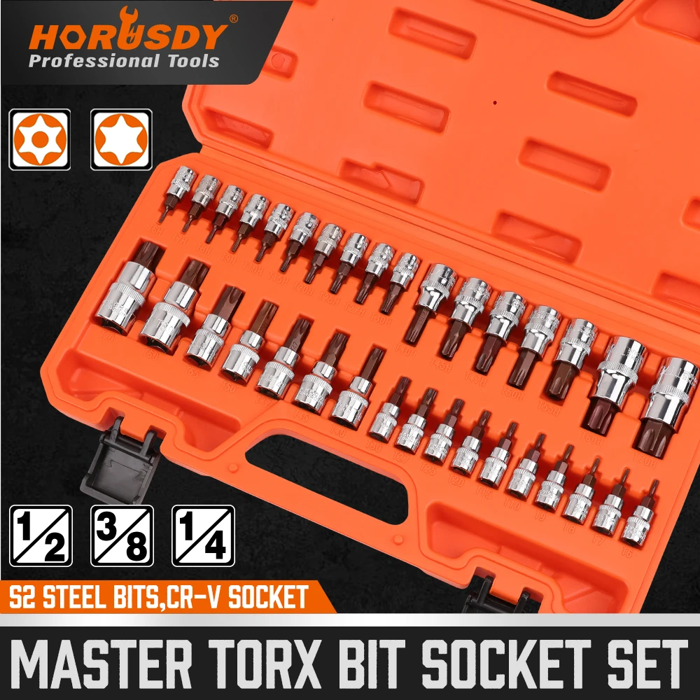 

HORUSDY 34-Piece Master Torx Bit Socket Set, Premium S2 Alloy Steel, Solid & Tamper Proof Star Sockets T6-T70