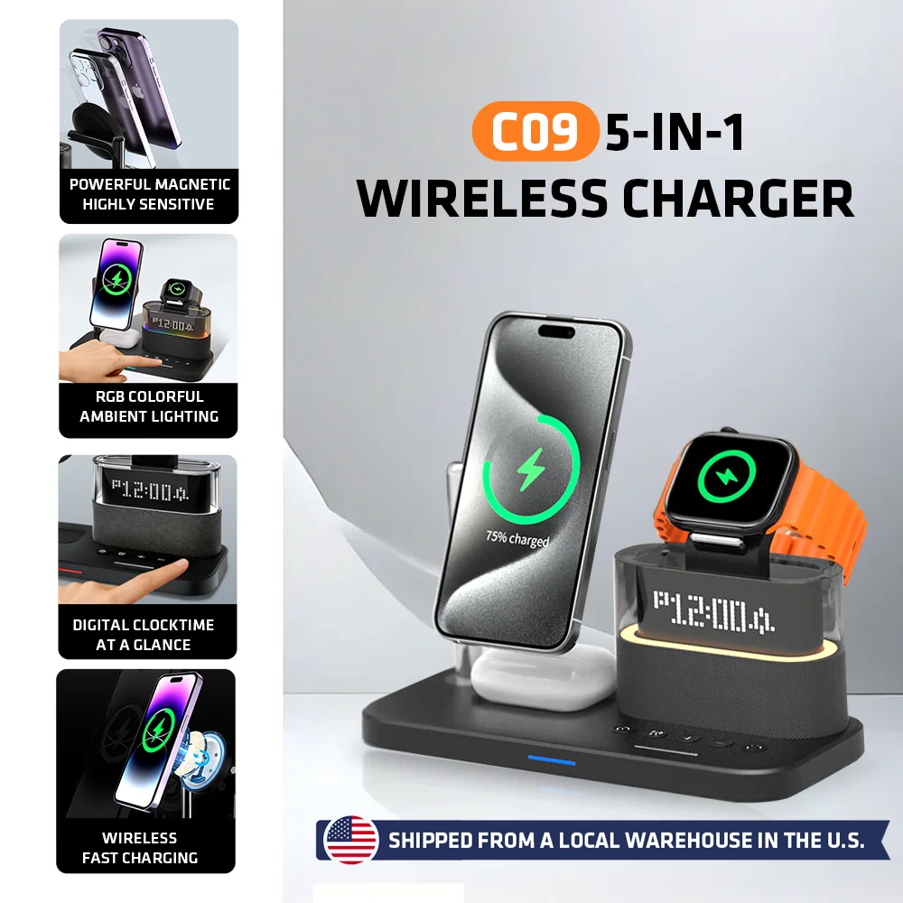 

Qi2 C09 5-in-1 Wireless Charging Station Digital Alarm Clock & RGB Ambient Light 15W Fast Wireless Charger