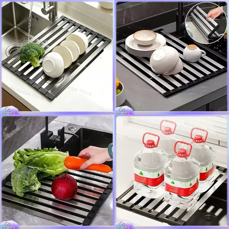 Foldable 304 Stainless Steel Kitchen Sink Drain Rack Dish Drainer Bowl Storage Shelf Drying Organizer for Sink Area Space