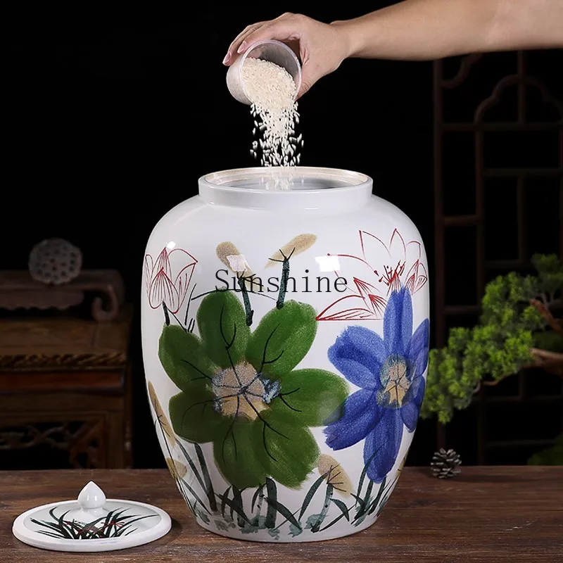 

Hand-painted Ceramic Rice Jar Household 30/25kg Flour Bucket with Lid Insect-proof Moisture-proof Sealed Storage Tank