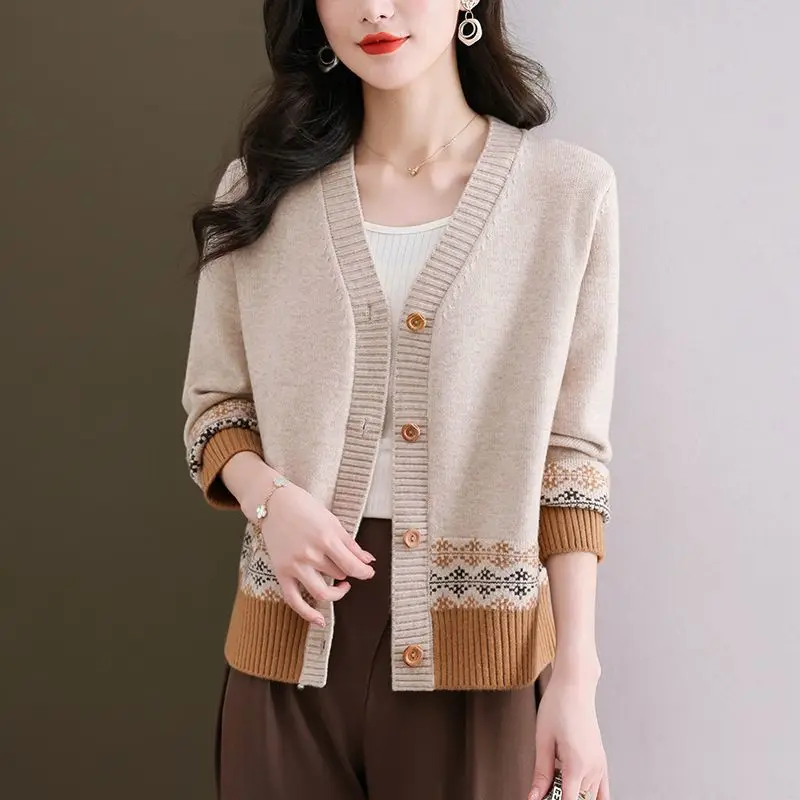 Весенне-осенний новый свитер, кардиган, универсальная женская куртка, вязаный свитер с цветными блоками, топ