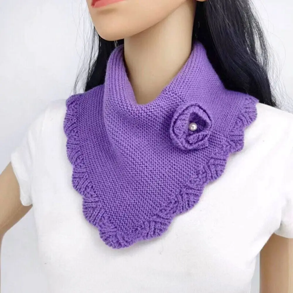 Fashion Crochet Flower Women Knit Triangle Scarf Solid Color Neckerchief Wavy Edge False Collar Detachable Windproof Neck Warmer