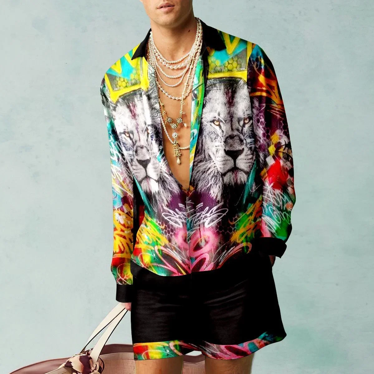 Vintage 3D Lion Print Hawaiian Beach Set Men Casual Outdoor Abstract Long Sleeve Shirt 2Pcs Set Breathable Loose Beach Shorts