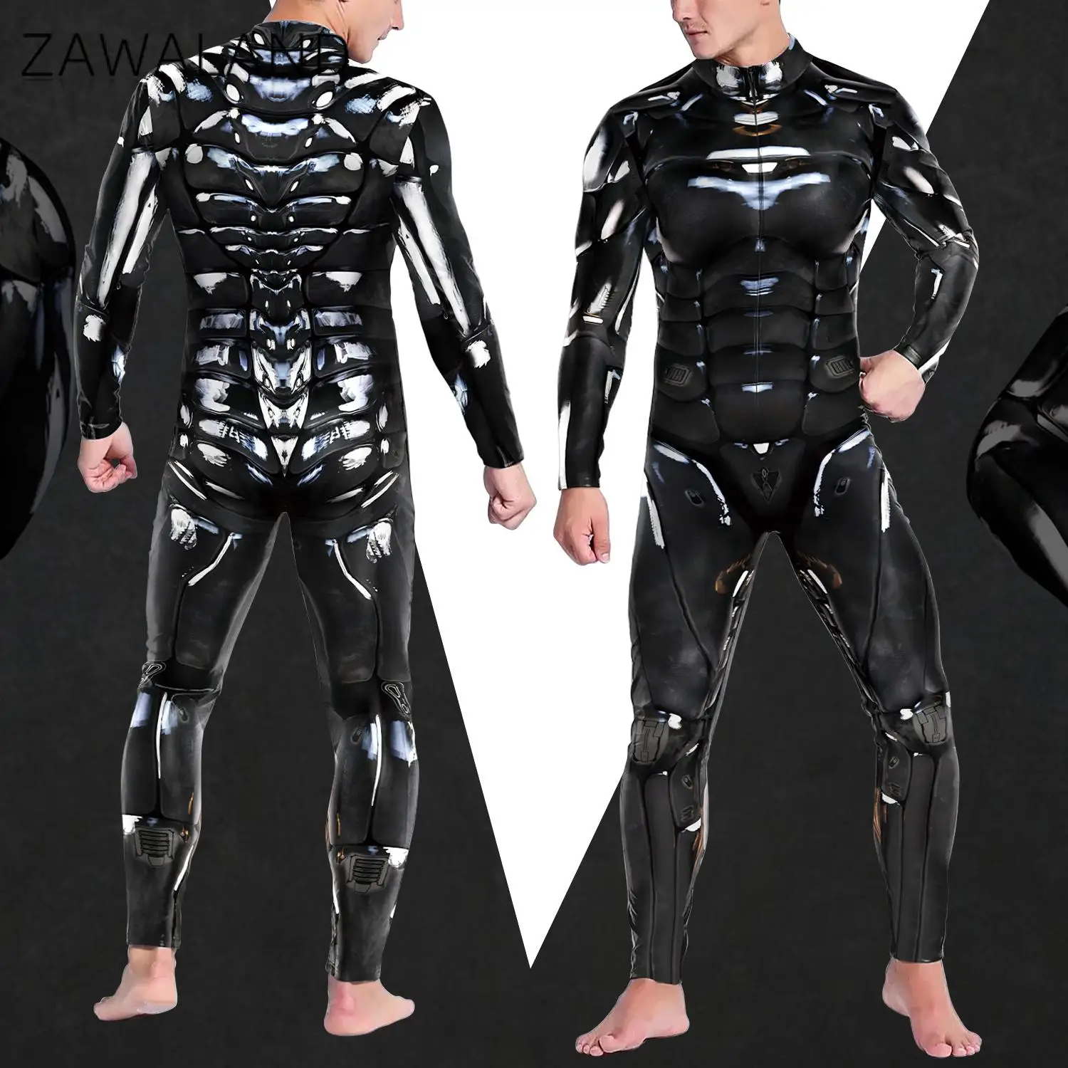 Black Robot Bodysuit Steampunk Armor 3D Printing Jumpsuit Zentai Skinny Clothing Party Cosplay Costume Halloween Carnival Romper