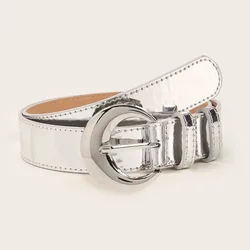 New Fashion Mirror Leather Silver Buckle Belt Versatile Simple Retro Women's Belt Decoration Jeans with Trendy Style