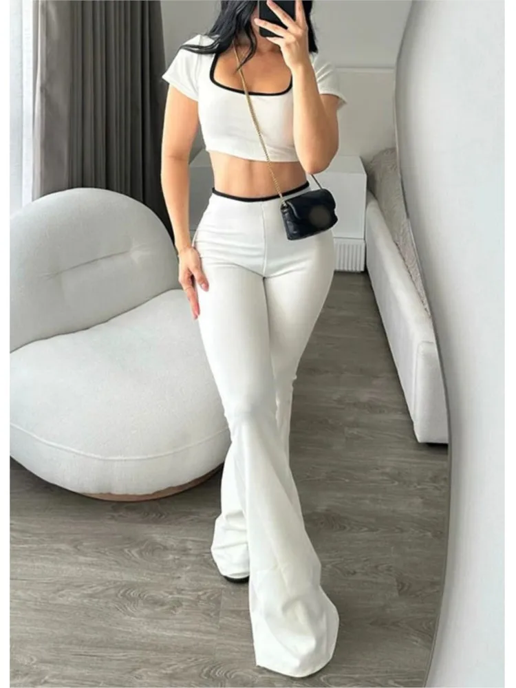 

Женский сексуальный тонкий комплект, модная футболка с коротким рукавом и квадратным воротником, топы + длинные брюки с высокой талией, комплекты из 2 предметов для женской уличной одежды