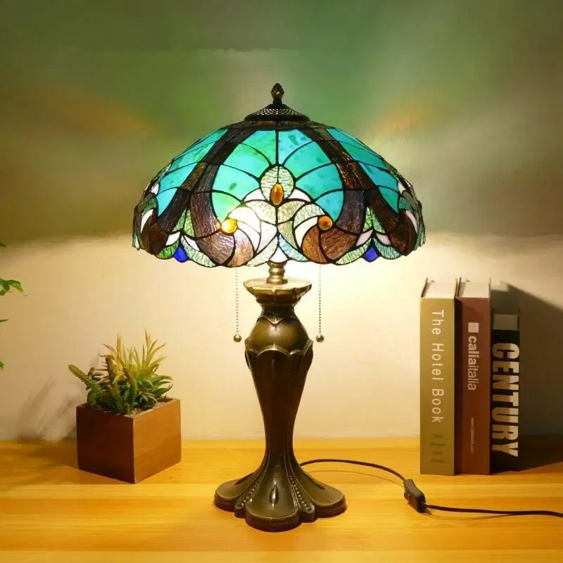 PLLY lampa stołowa Tiffany amerykański Retro salon lampka do sypialni luksusowa willa hotelowa lampa witrażowa szklane biurko