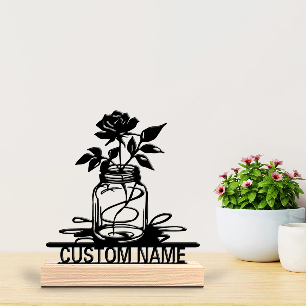 1pc Creative Mason Jar Roses Custom Letter Metal Statue Metal Ornament Handicraft With Wood Base Tin Statue For Friend Gifts