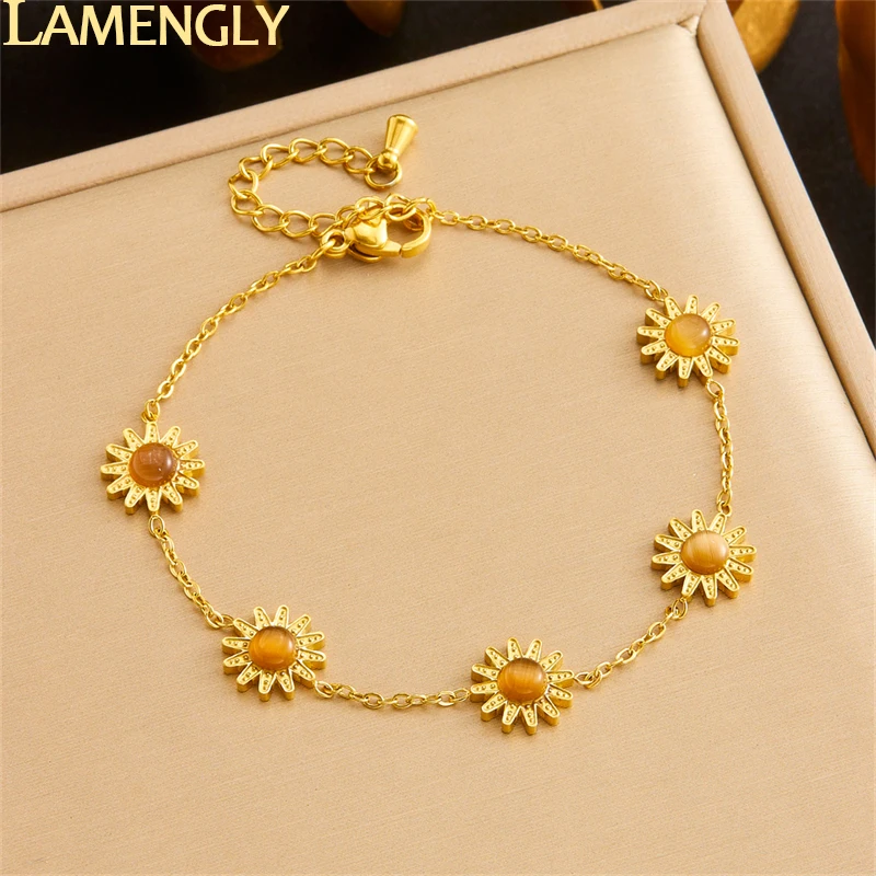 LAMENGLY 316l Stainless Steel Exquisite Fascinating Succinite Sunflower Bracelet For Women Girl Elegant Party Gift Hand Chain