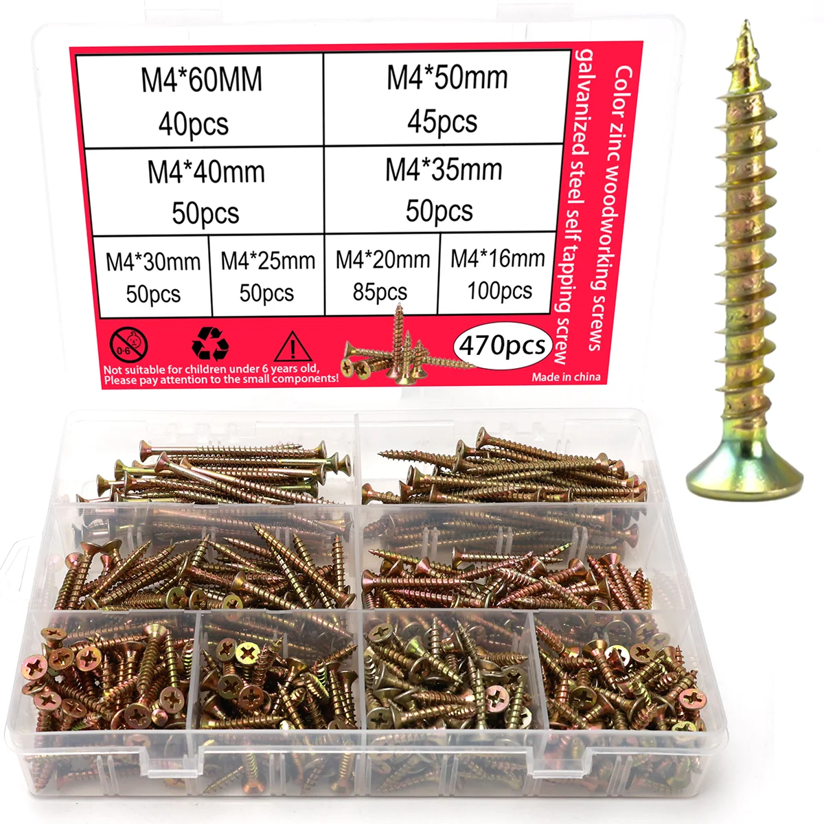 470pcs Colored Zinc Flat Head Woodworking Screws M4/60mm/50mm/40mm/30mm Metal Self-tapping Screws Countersunk Wood Board Screws
