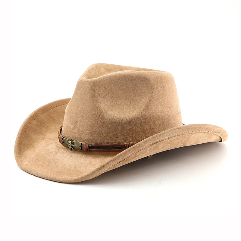 Wildleder Western Cowboy Hut für Männer Frauen Vintage gerollte Krempe Filz Jazz Hüte Outdoor Reise Ritter Hüte