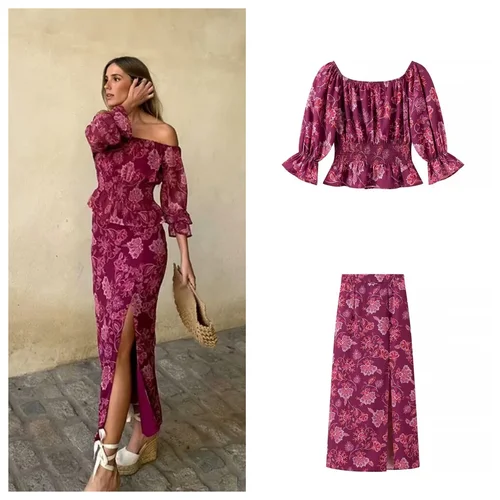 Imagen 1 del producto Traje estampado de estilo europeo y americano para mujer, Camisa ajustada de manga larga con un hombro, cintura alta, abertura recta, esquí, nuevo