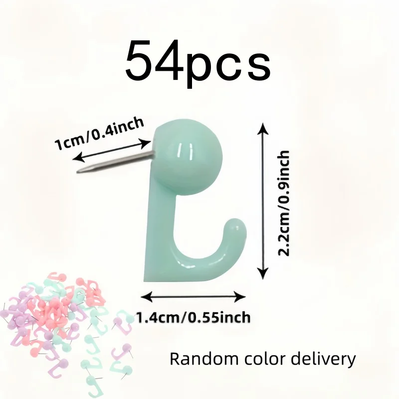 54 pcs Random Color Push Pin Hooks, Sturdy and Easy to Install, for Photo Walls, Corkboards and Calendars