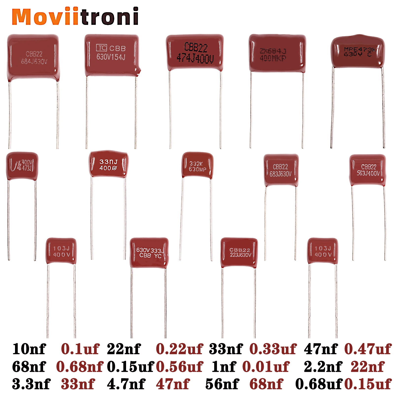 20pcs CBB Capacitors Metallized Polypropylene Film Capacitor 0.01uf 0.22uf 0.33uf 0.47uf 0.68uf 1nf 10nf 22nf 23nf 47nf 68nf