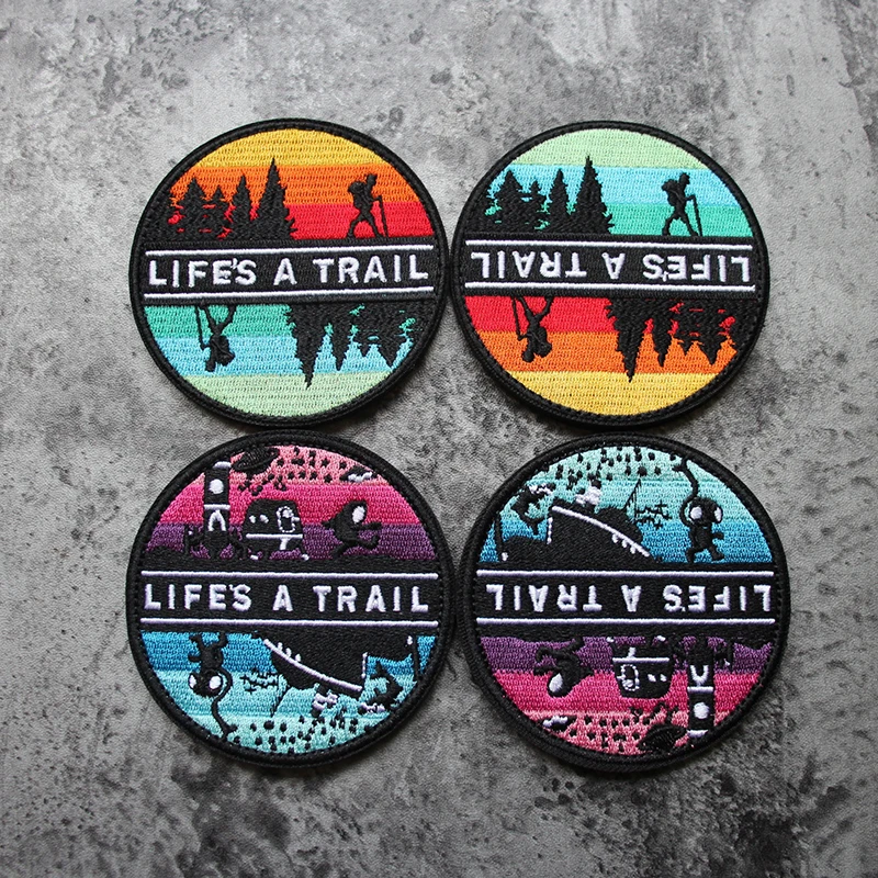 

LIFE'S A TRAIL Embroidery Round Patches Landscape Outdoor Climbing Starry Sea Inverted Image Tactics Armband Badges DIY Decorate