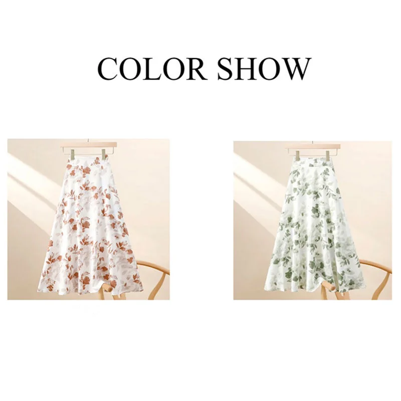 Chiffon Floral Half Length Skirt Summer 2023 New Style Covered Crotch Large Hem Printed Classic High Waisted A-line Skirt