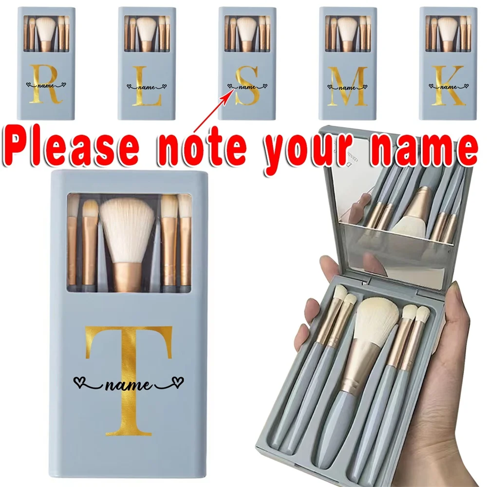 

Customized Name 5Pcs Makeup Brush Set With Mirror Portable Eyeshadow Brush Kit Foldable Organizer Box Daily Beauty Cosmetic Tool