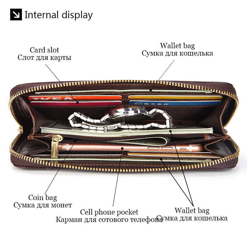 Genuine Leather Men Long Wallet Zipper Card Holder Clutch Wallet Bag Large Capacity Designer Male Purse Coin Pocket Handbag