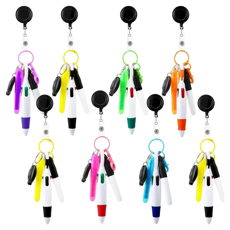 8Pack Badge Reel Pen Retractable Shuttle-Pen With Mini Marker Pen Flashlight Key Ring Retractable Badge Holde