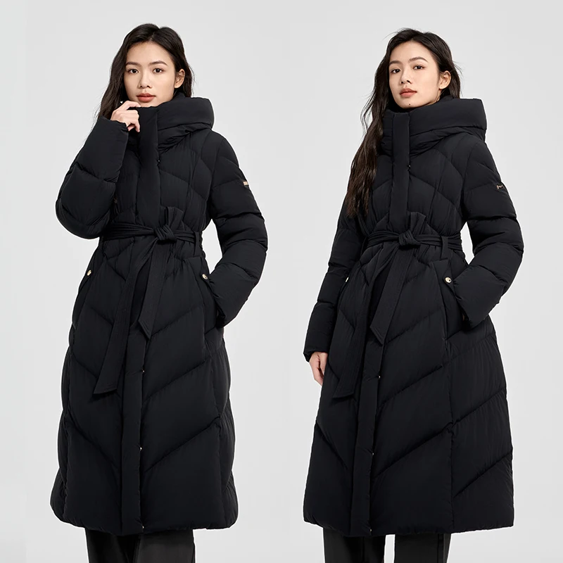 Chericom Chaqueta larga de plumas con cinturón en la cintura diseño acolchado estilo acolchado con capucha de invierno para mujer abrigos acolchados de ganso engrosados Y309738Y