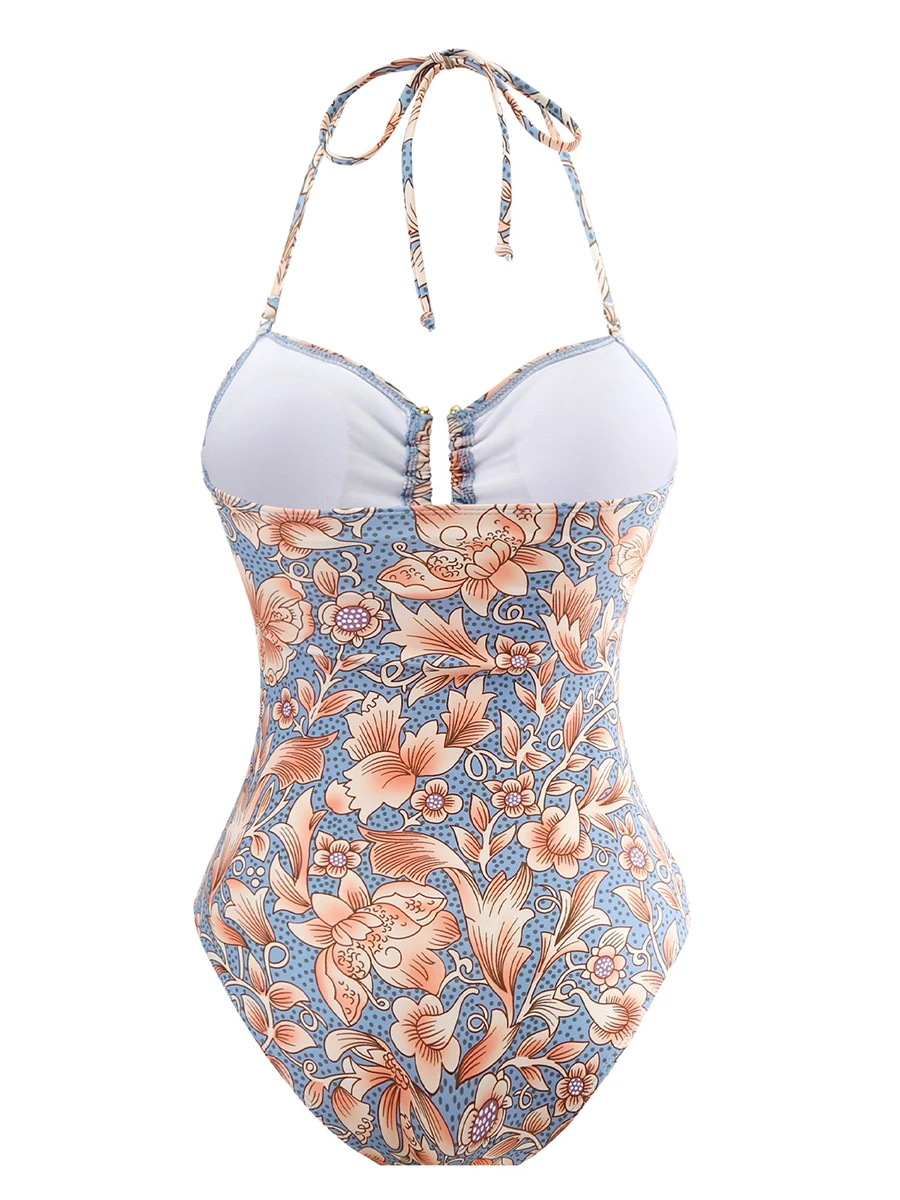 2024 Floral Halter Swimsuit U Neck Monokini Women One Piece Sexy Swimwear Female Beachwear Bathers Bathing Swimming Swim Suit