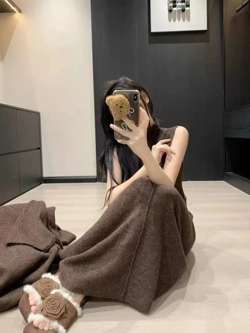 سترة مشغولة من الصوف بلا أكمام الياقة المدورة فستان قطعتين مجموعة للنساء الخريف الشتاء جديد دافئ منتصف طول سترة معطف مجموعة