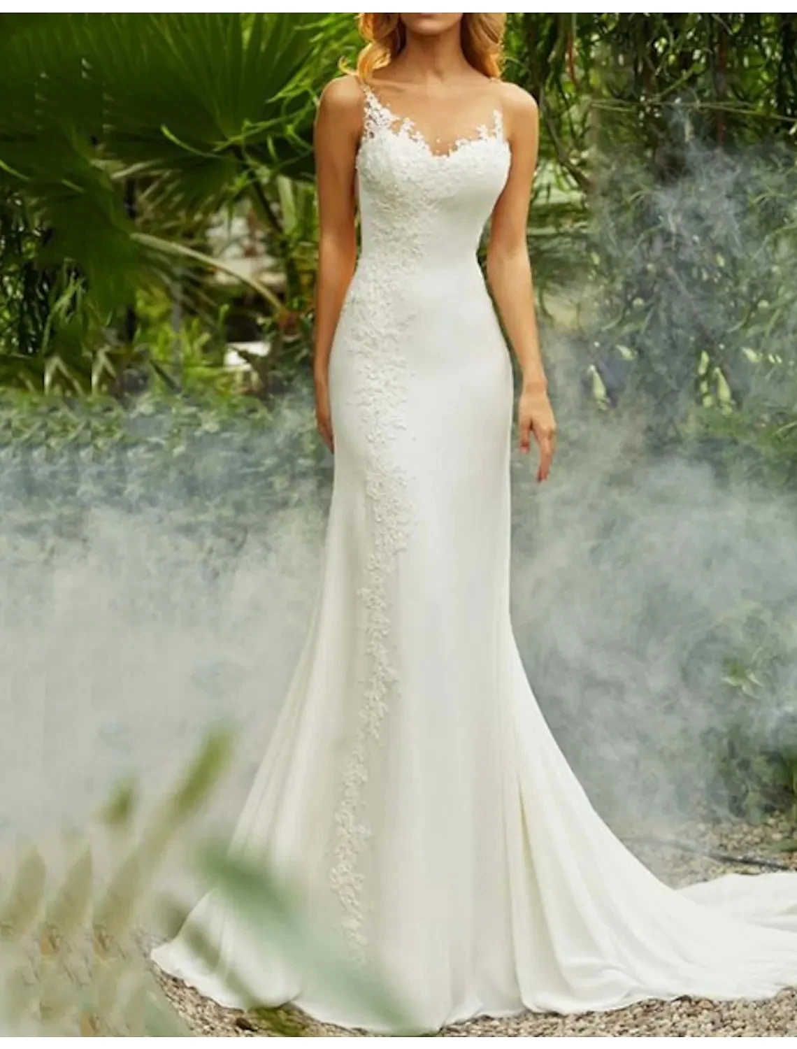 Simple Beach Wedding Dress 2025 Illusion Neck Chiffon Pleats Lace Appliques Bridal Gowns Sexy Boho Vestidos De Noiva