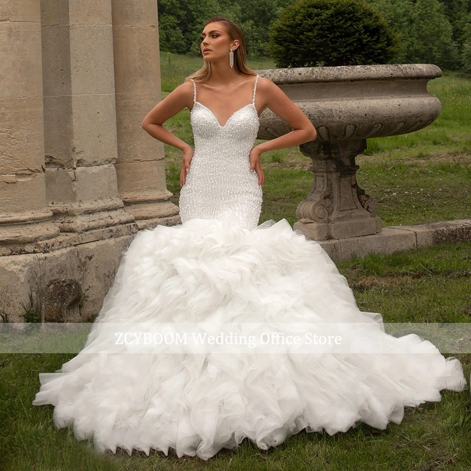 Customized Spaghetti Straps Wedding Dresses 2026 Sleeveless Pearls Beading Tulle Ruffles Women Bride Gowns Vestido De Novia