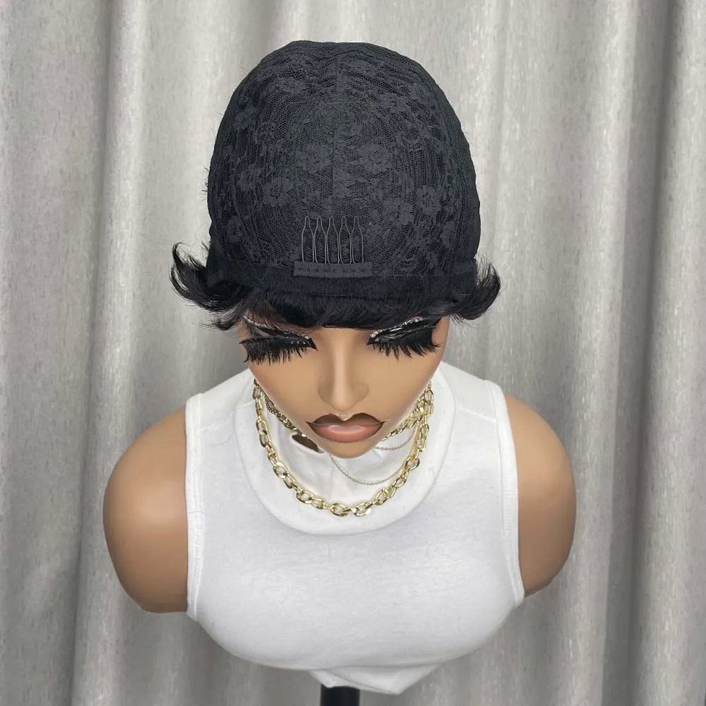 شعر مستعار بقص عابث من شعر بشري، باروكات بيكسي للنساء ذوات البشرة السمراء، باروكات قصيرة مصنوعة آليًا بالكامل، شعر مستعار أسود طبيعي