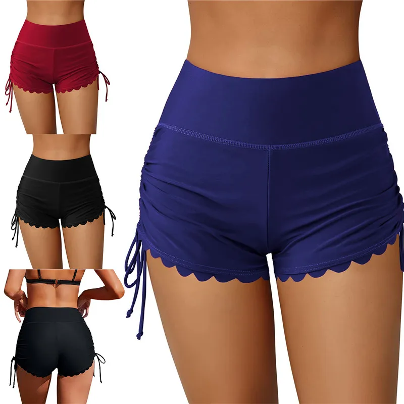 Fanan Women Swim Shorts High Waist Drawstring Wavy Hem Solid Summer Bathing Surfing Bottoms Ladies Beach Swimming Trunks