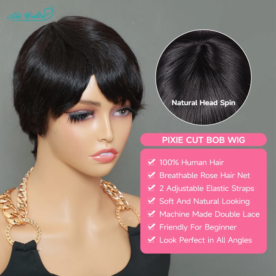 Short Bob Pixie Cut Wigs Straight Human Hair Machine Made Wigs With Bangs Brazilian Remy Hair Wig Ready To Go