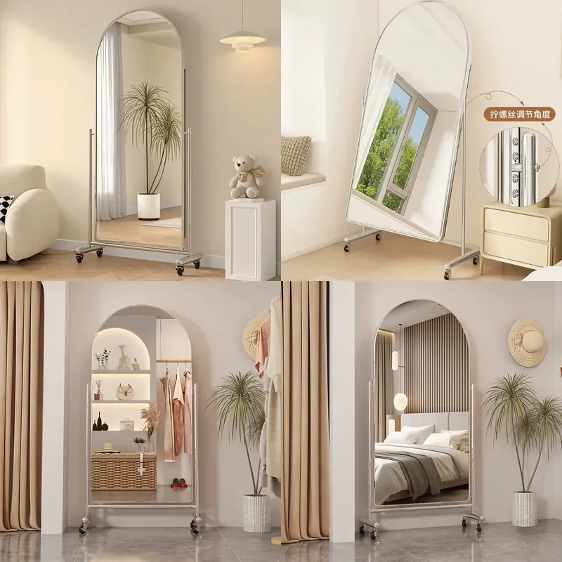 For Home Decor Full Body Mirror Arched Floor Standing HD Glass Luxury Movable Dressing Mirror for Bedroom Living Room