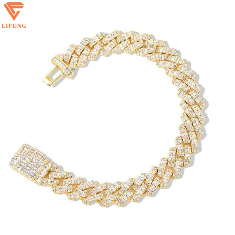 Custom S925 Iced Out Hiphop VVS Moissanite 10MM Miami Cuban Link Chain 2Row Square Baguette Diamond Bracelet Necklace